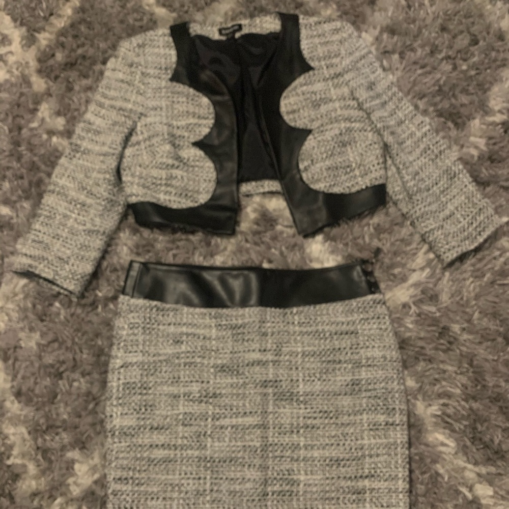 Bebe skirt suit with vinyl trim